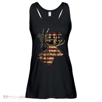 Whitetail Buck Deer Hunting Usa American Flag Ladies Essential Flowy Tank