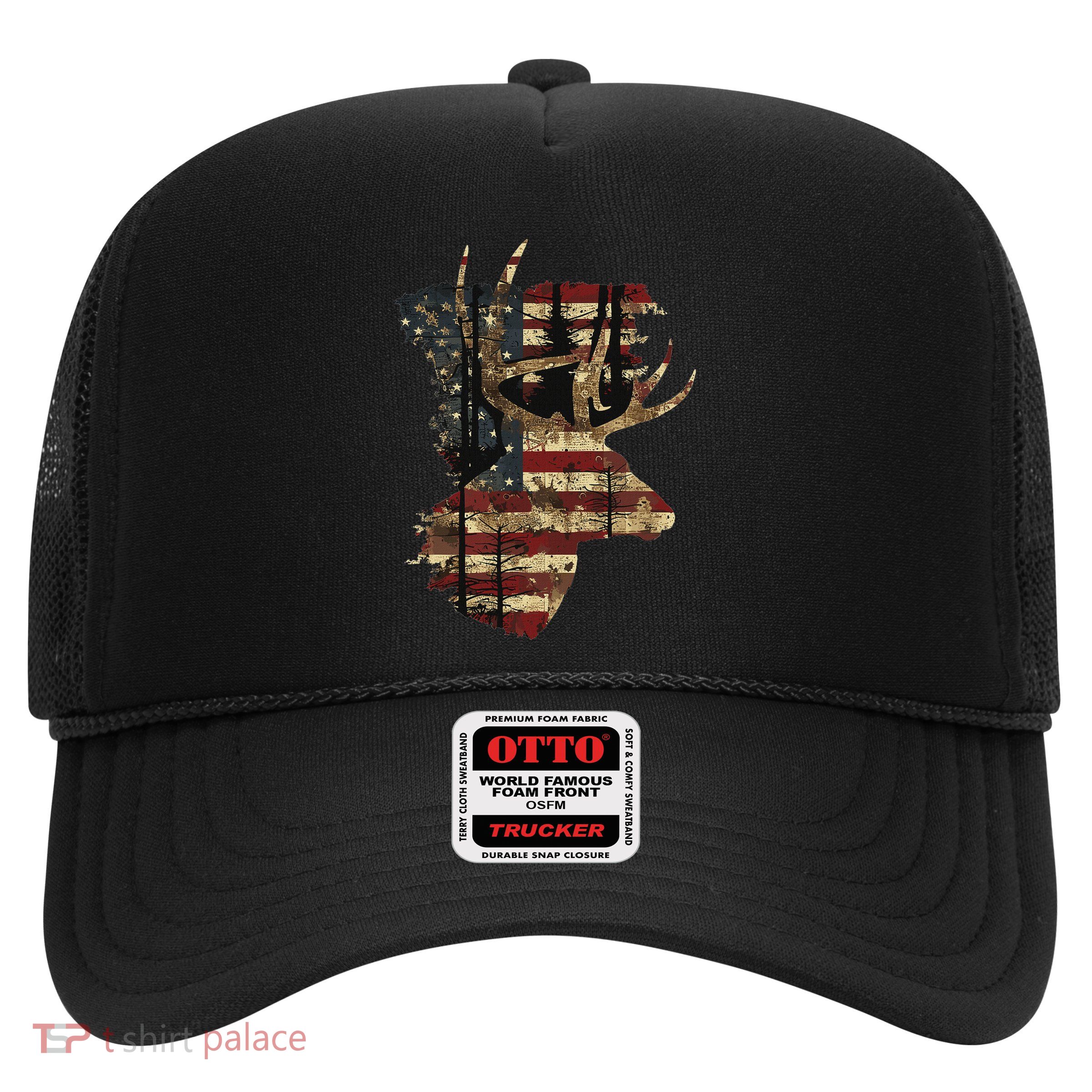 Whitetail Buck Deer Hunting Usa American Flag Trucker Hat