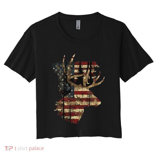 Whitetail Buck Deer Hunting Usa American Flag Crop Top