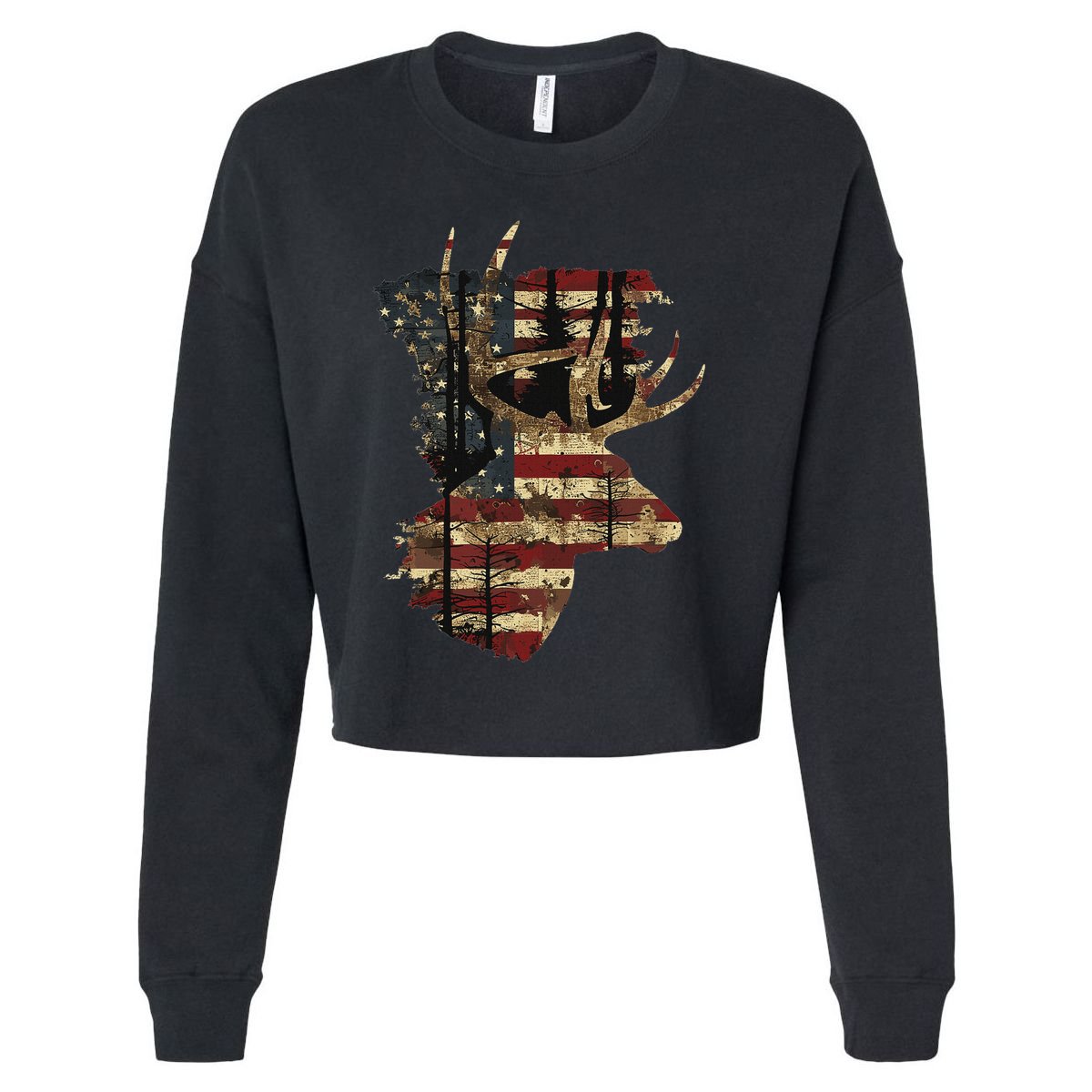 Whitetail Buck Deer Hunting Usa American Flag Cropped Pullover Crew