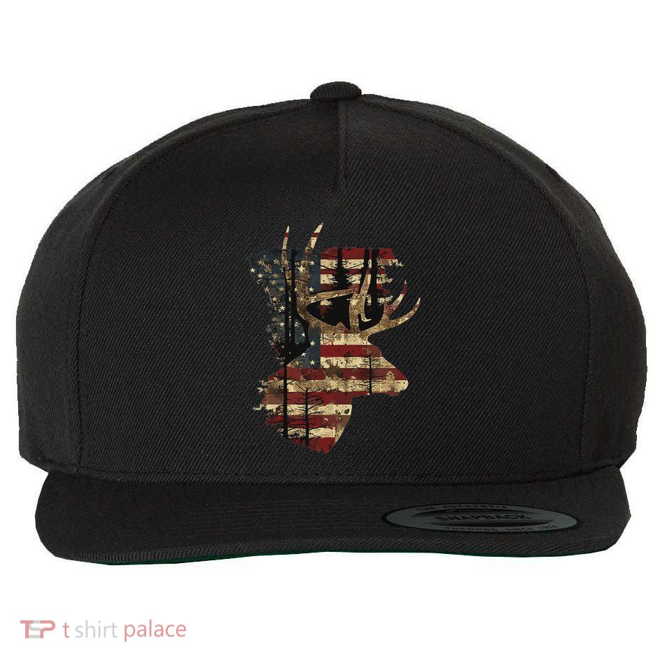Whitetail Buck Deer Hunting Usa American Flag Wool Snapback Cap