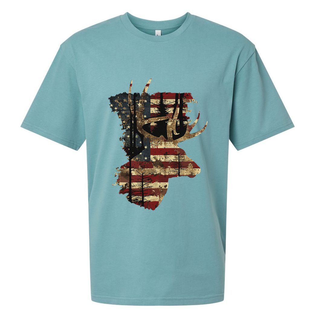 Whitetail Buck Deer Hunting Usa American Flag Sueded Cloud Jersey T-Shirt