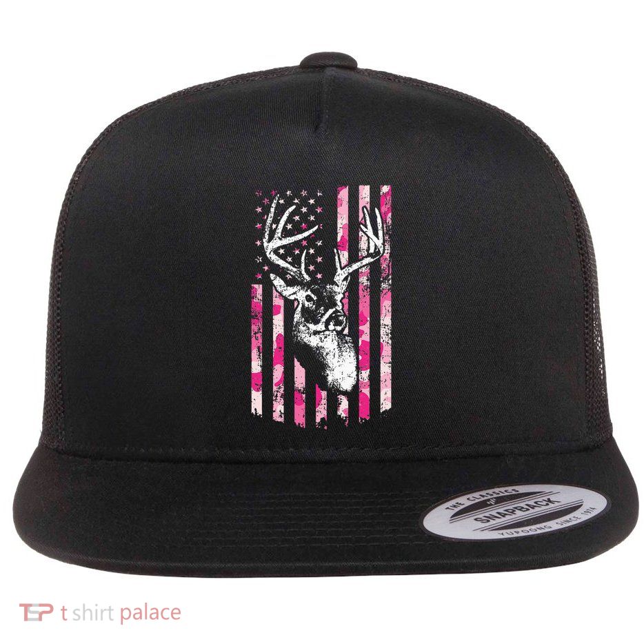 Whitetail Buck Deer Hunting Camo American Flag Flat Bill Trucker Hat