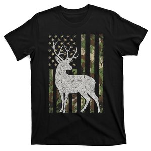 Whitetail Buck Deer Hunting American Camouflage USA Flag T-Shirt