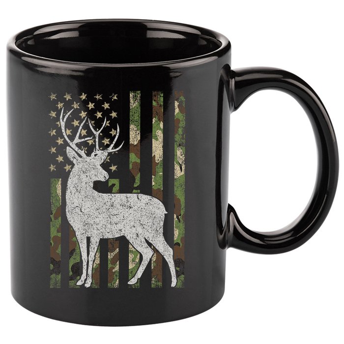 Whitetail Buck Deer Hunting American Camouflage USA Flag 11oz C Handle Ceramic Mug