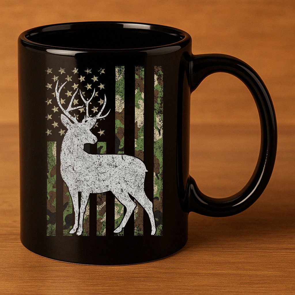 Whitetail Buck Deer Hunting American Camouflage USA Flag 11oz C Handle Ceramic Mug