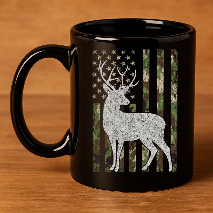 Whitetail Buck Deer Hunting American Camouflage USA Flag 11oz C Handle Ceramic Mug