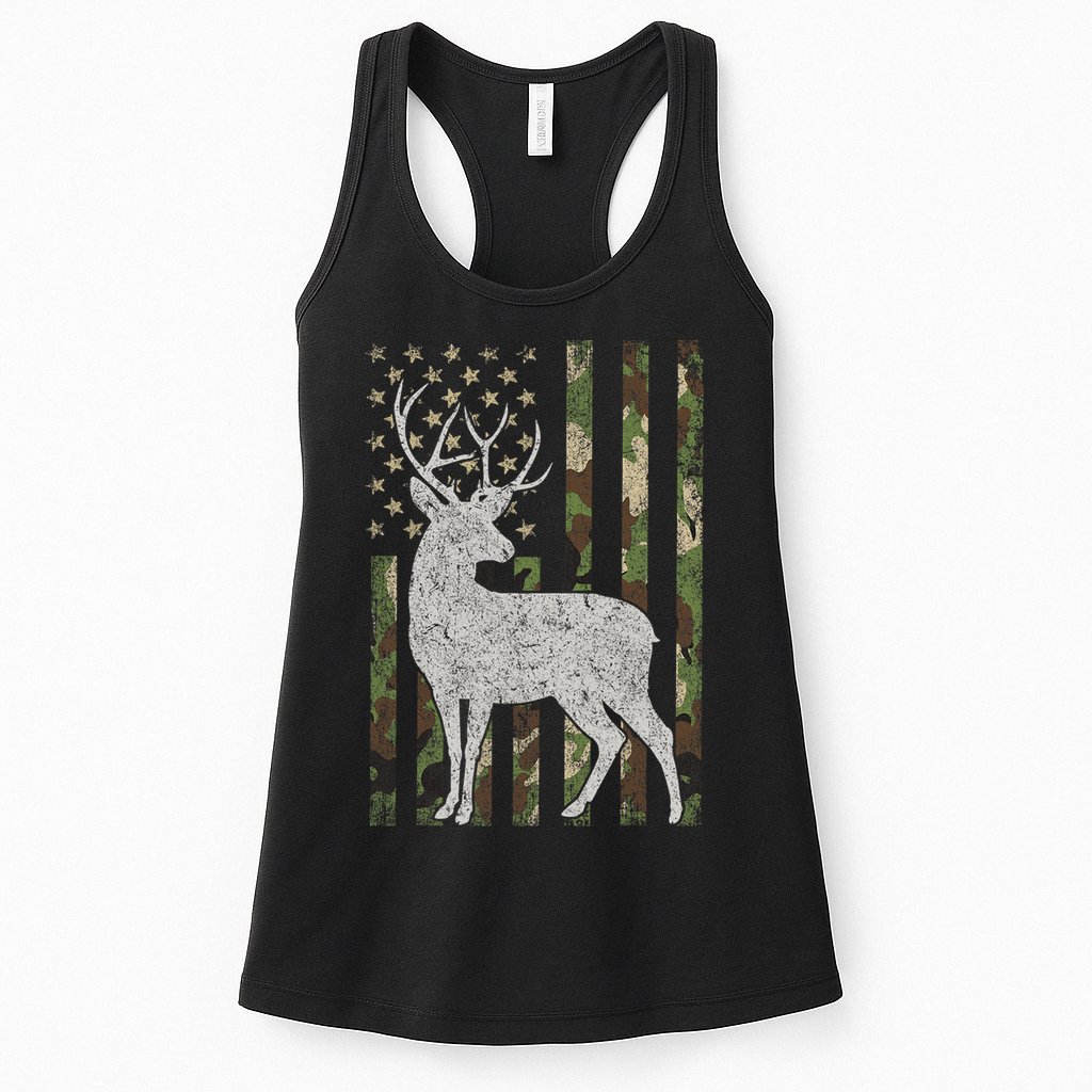 Whitetail Buck Deer Hunting American Camouflage USA Flag Womens Tank Top