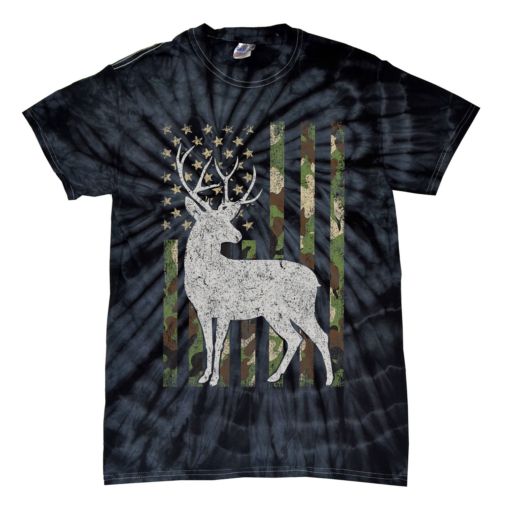 Whitetail Buck Deer Hunting American Camouflage USA Flag Tie-Dye T-Shirt
