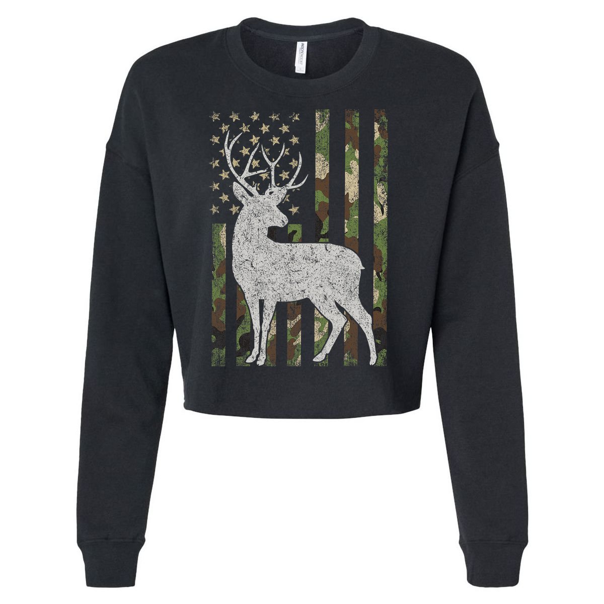 Whitetail Buck Deer Hunting American Camouflage USA Flag Cropped Pullover Crew