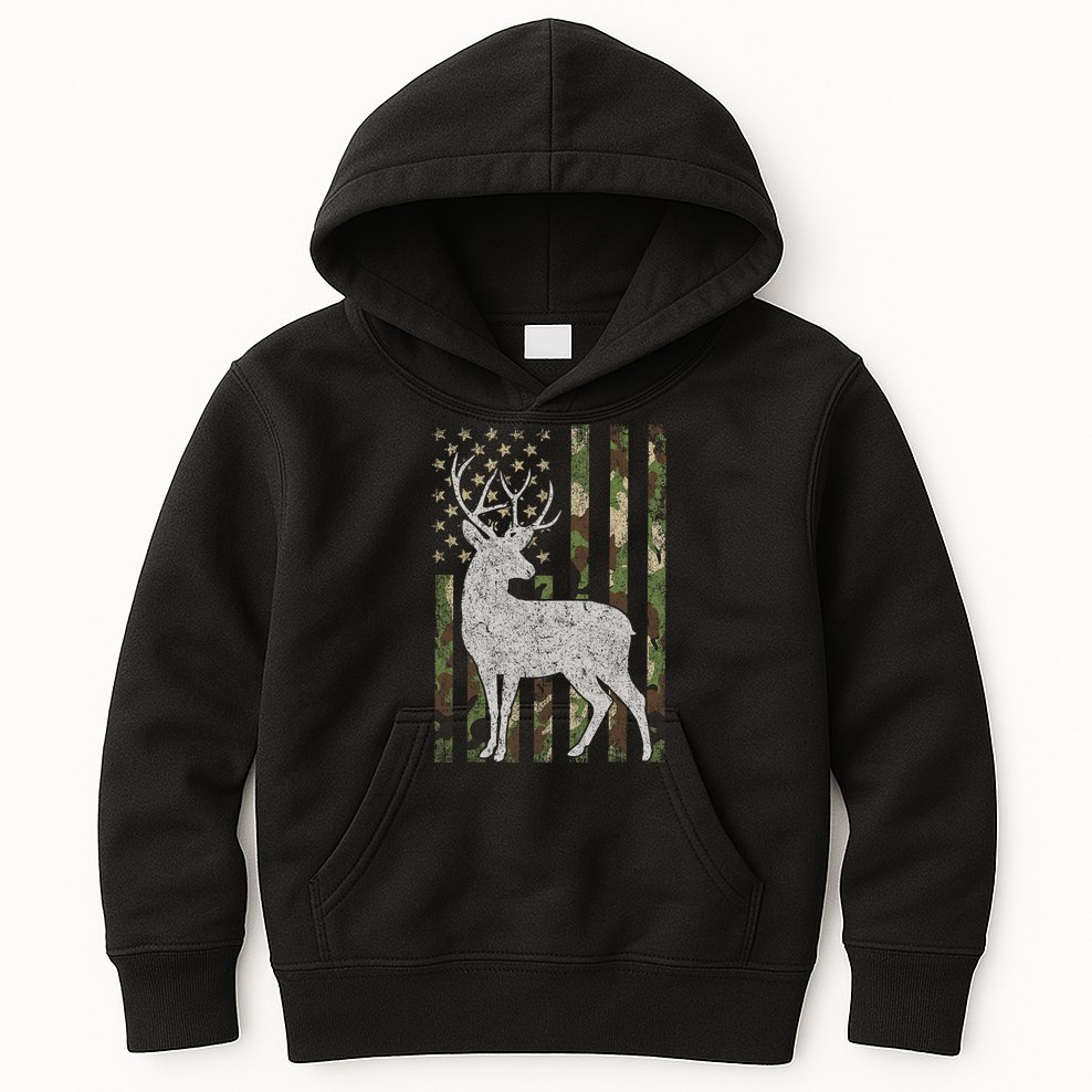 Whitetail Buck Deer Hunting American Camouflage USA Flag Kids Hoodie
