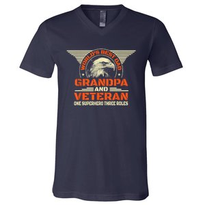 Worlds Best Dad Grandpa And Veteran Fathers Day Superhero V-Neck T-Shirt