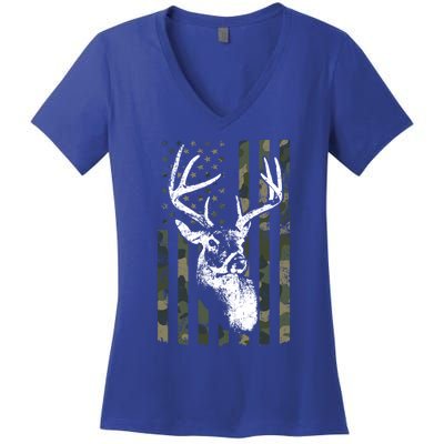 Whitetail Buck Deer Hunting Usa Camouflage Flag Funny Gift Women's V-Neck T-Shirt