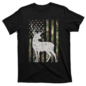 Whitetail Buck Deer Hunting American Camouflage USA Flag T-Shirt