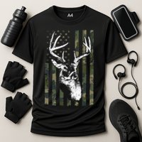 Whitetail Buck Deer Hunting USA Camouflage American Flag Cooling Performance Crew T-Shirt