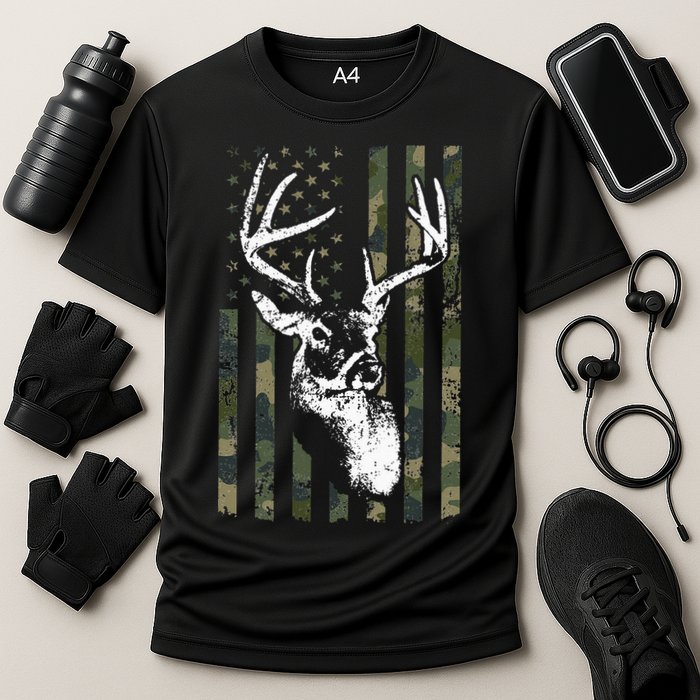 Whitetail Buck Deer Hunting USA Camouflage American Flag Cooling Performance Crew T-Shirt