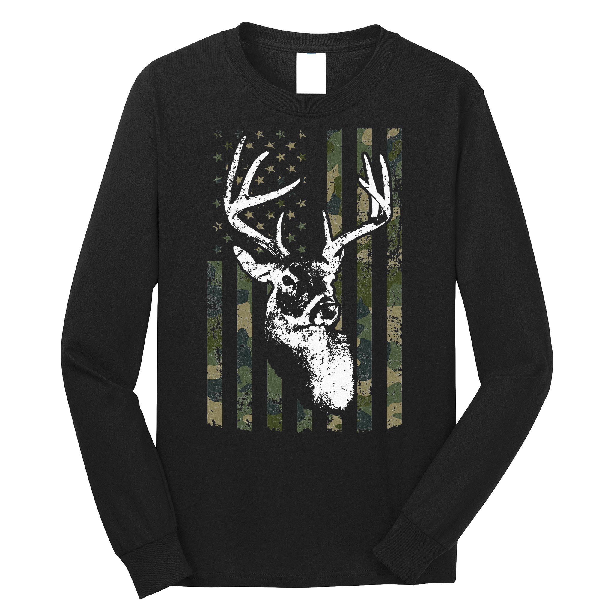 Whitetail Buck Deer Hunting USA Camouflage American Flag Long Sleeve Shirt