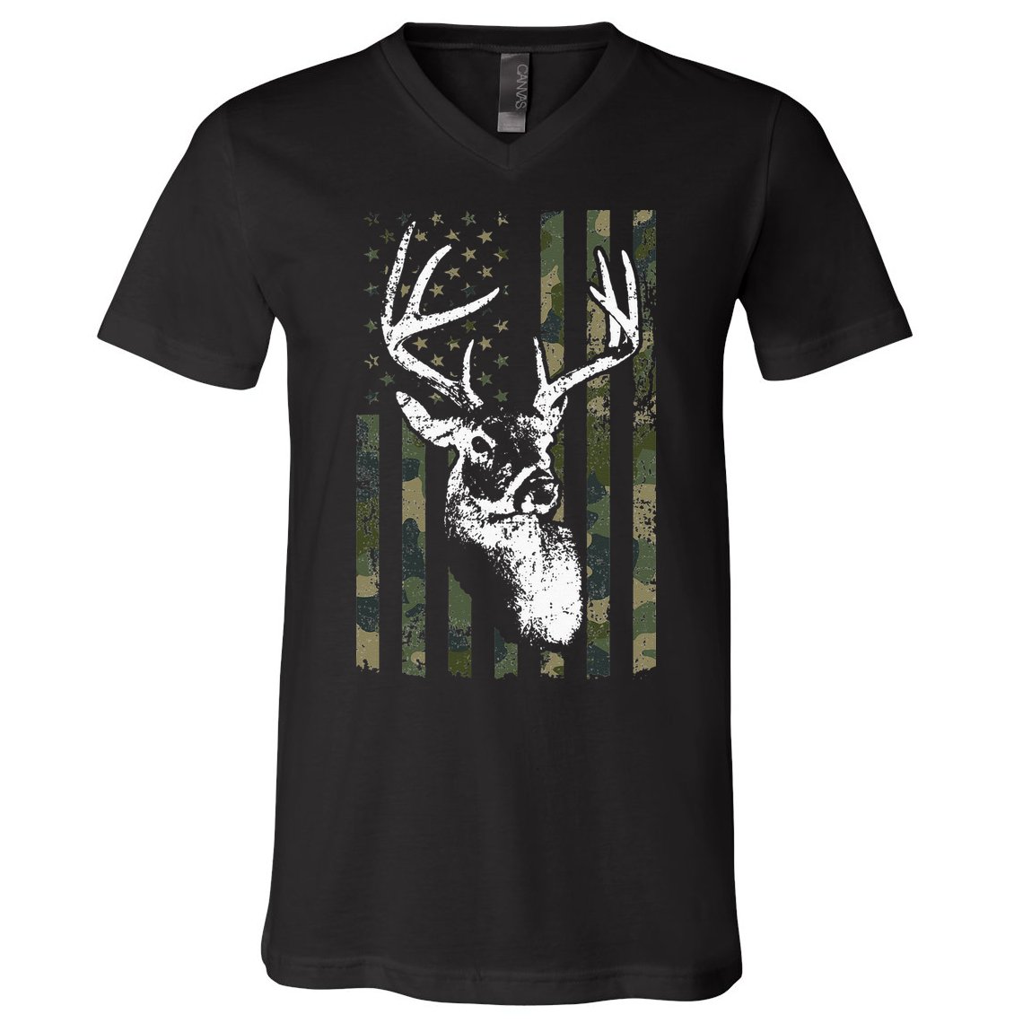 Whitetail Buck Deer Hunting USA Camouflage American Flag V-Neck T-Shirt