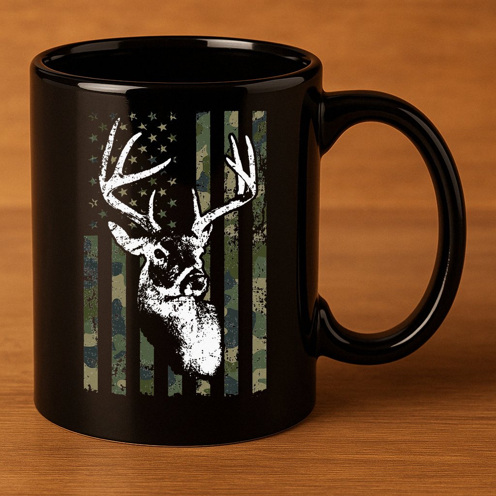 Whitetail Buck Deer Hunting USA Camouflage American Flag 11oz C Handle Ceramic Mug