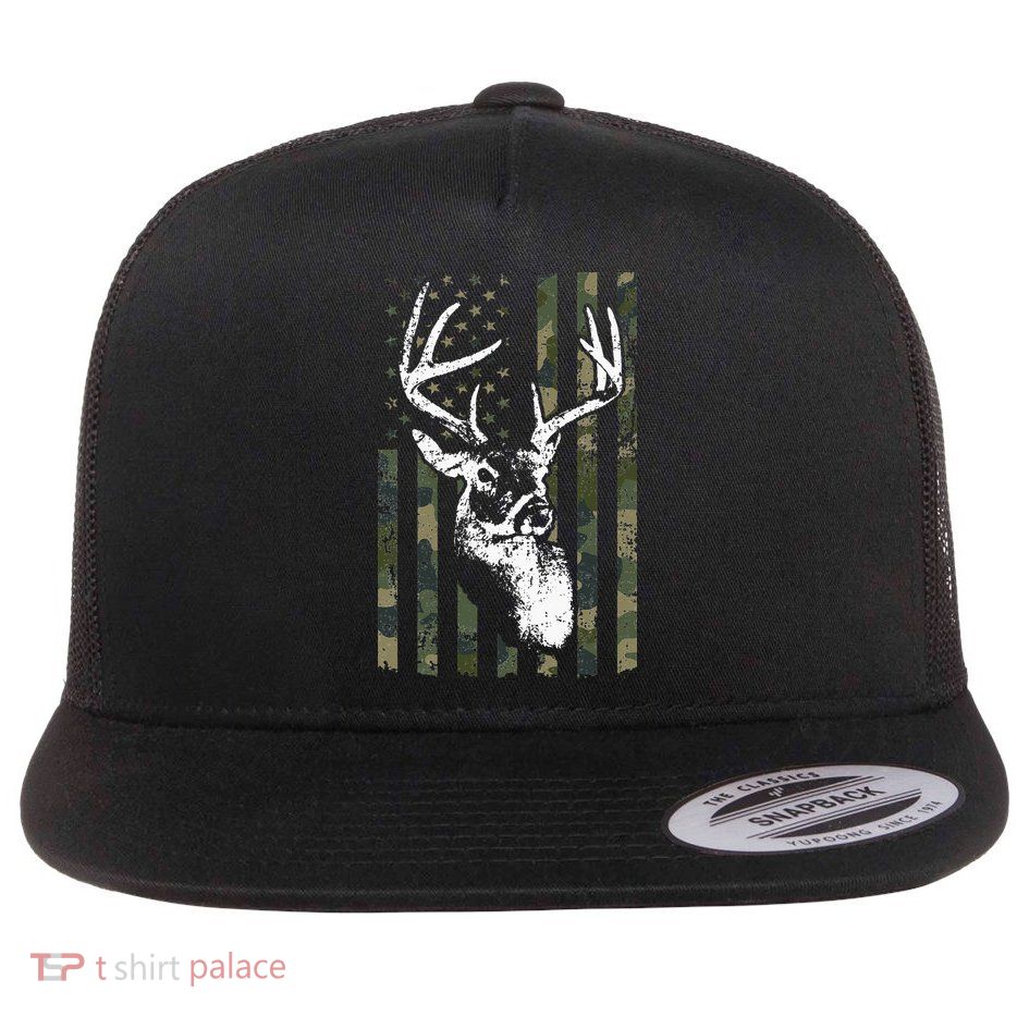 Whitetail Buck Deer Hunting USA Camouflage American Flag Flatbill Hat