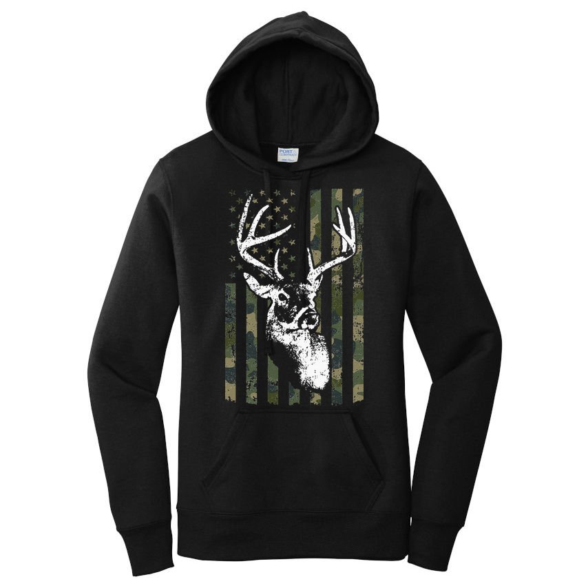Whitetail Buck Deer Hunting USA Camouflage American Flag Women's Pullover Hoodie