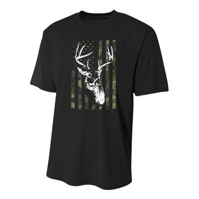 Whitetail Buck Deer Hunting USA Camouflage American Flag Youth Performance Sprint T-Shirt