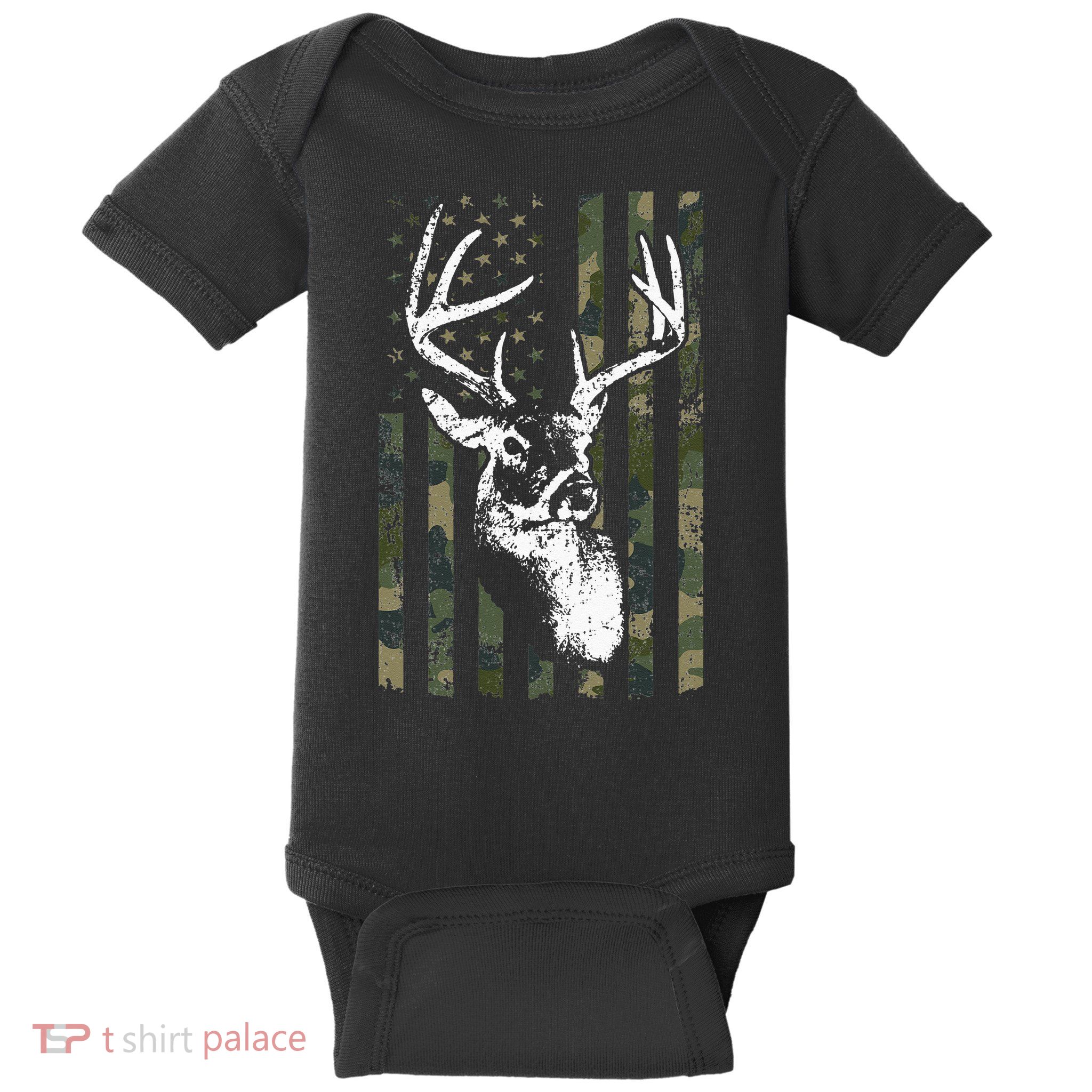 Whitetail Buck Deer Hunting USA Camouflage American Flag Baby Bodysuit