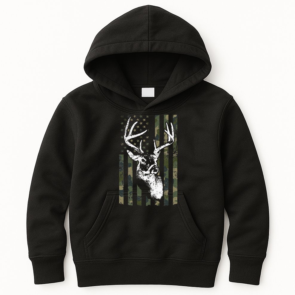 Whitetail Buck Deer Hunting USA Camouflage American Flag Kids Hoodie