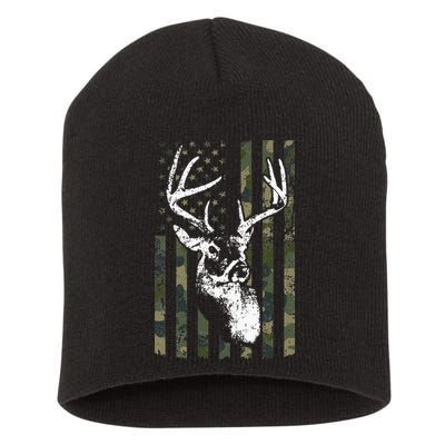 Whitetail Buck Deer Hunting USA Camouflage American Flag Short Acrylic Beanie