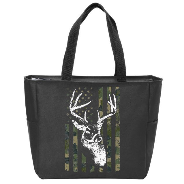 Whitetail Buck Deer Hunting USA Camouflage American Flag Zip Tote Bag