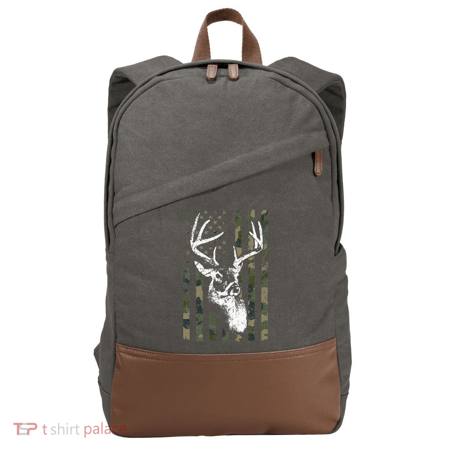 Whitetail Buck Deer Hunting USA Camouflage American Flag Cotton Canvas Backpack