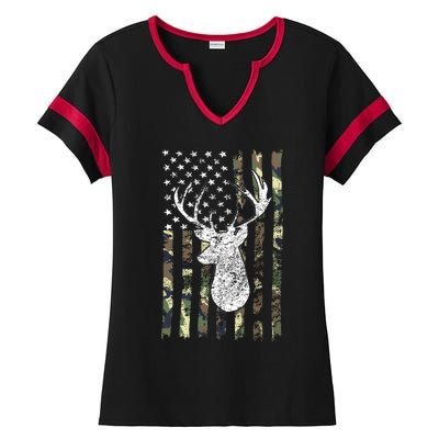 Whitetail Buck Deer Hunting American Camouflage USA Flag Ladies Halftime Notch Neck Tee