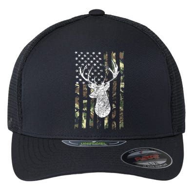 Whitetail Buck Deer Hunting American Camouflage USA Flag Flexfit Unipanel Trucker Cap