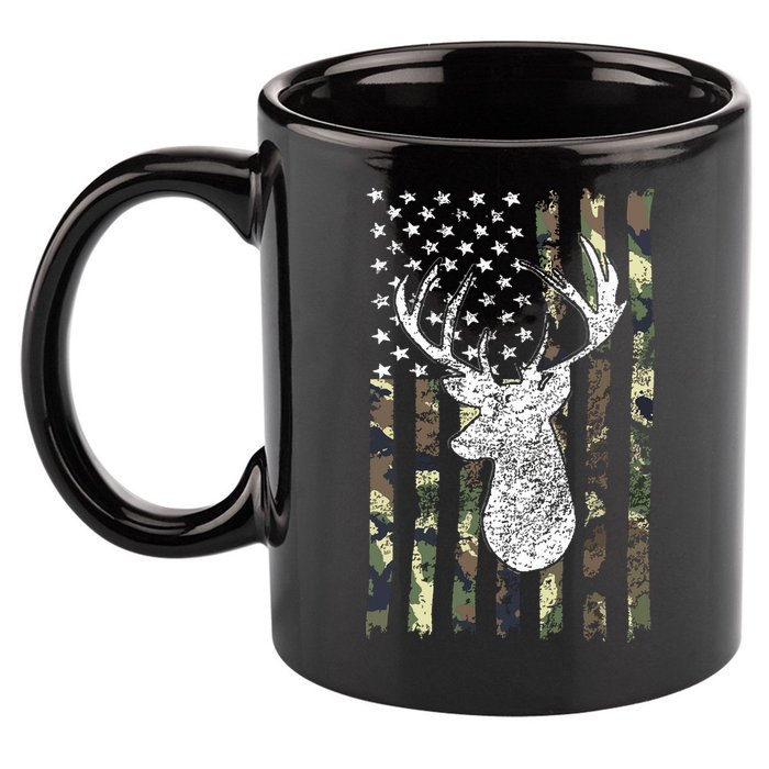 Whitetail Buck Deer Hunting American Camouflage USA Flag 11oz C Handle Ceramic Mug