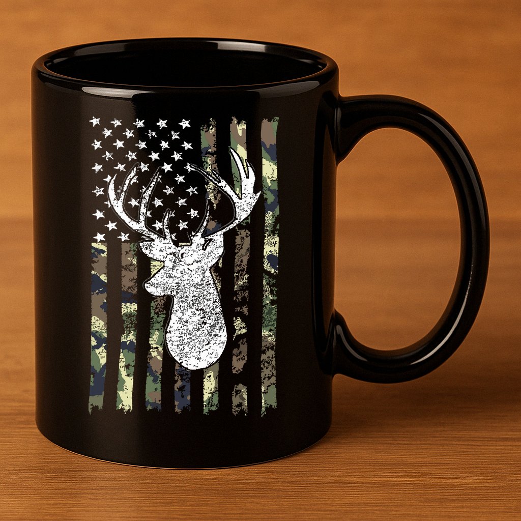 Whitetail Buck Deer Hunting American Camouflage USA Flag 11oz C Handle Ceramic Mug
