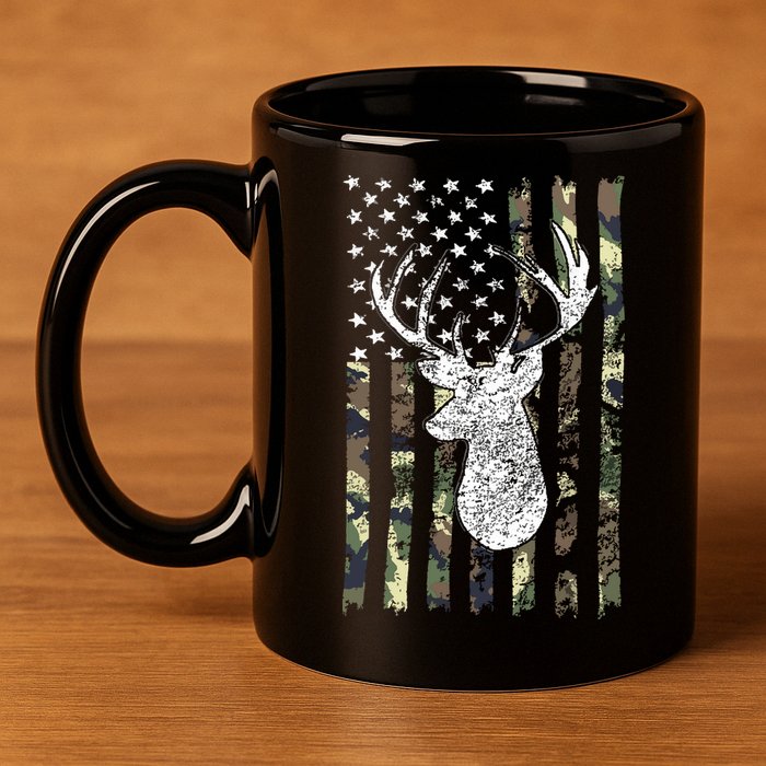 Whitetail Buck Deer Hunting American Camouflage USA Flag 11oz C Handle Ceramic Mug