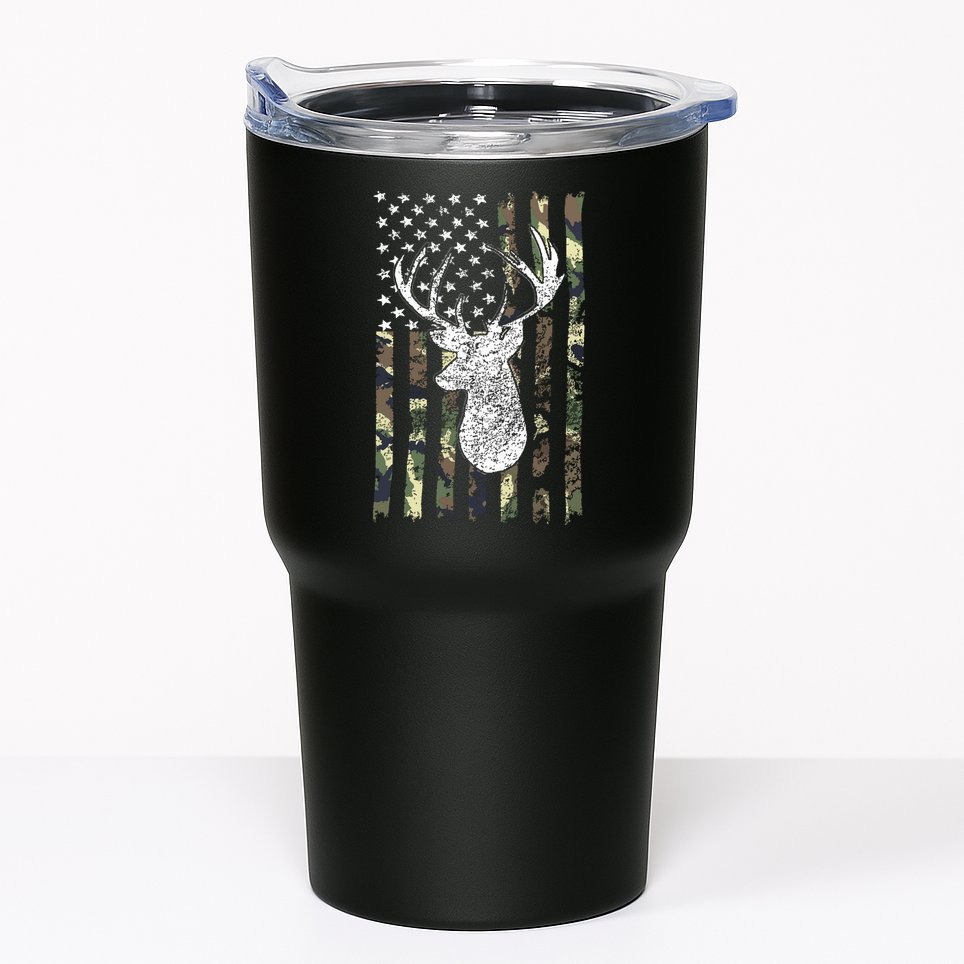 Whitetail Buck Deer Hunting American Camouflage USA Flag Tumbler
