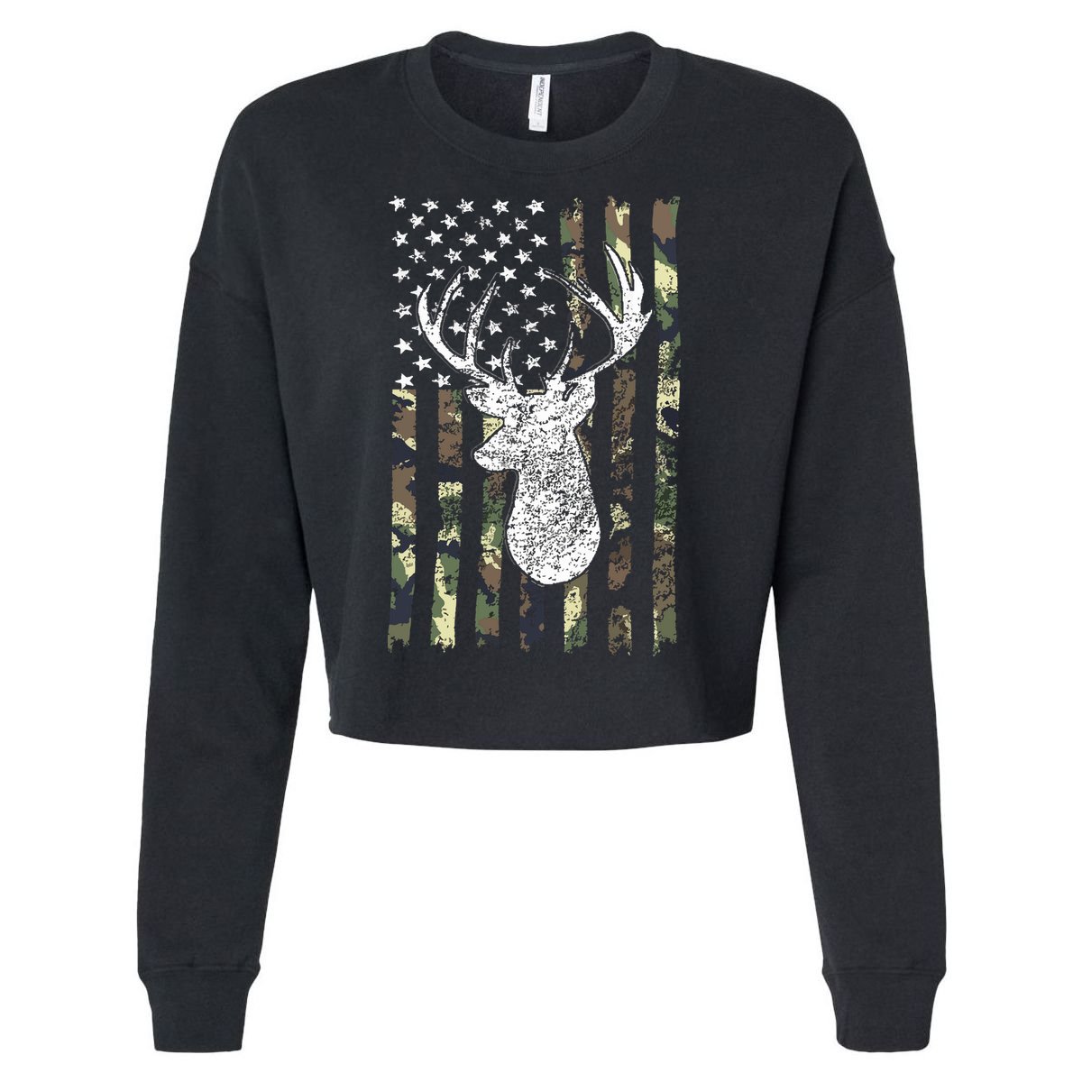 Whitetail Buck Deer Hunting American Camouflage USA Flag Cropped Pullover Crew