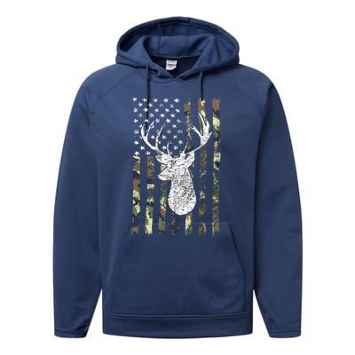 Whitetail Buck Deer Hunting American Camouflage USA Flag Performance Fleece Hoodie