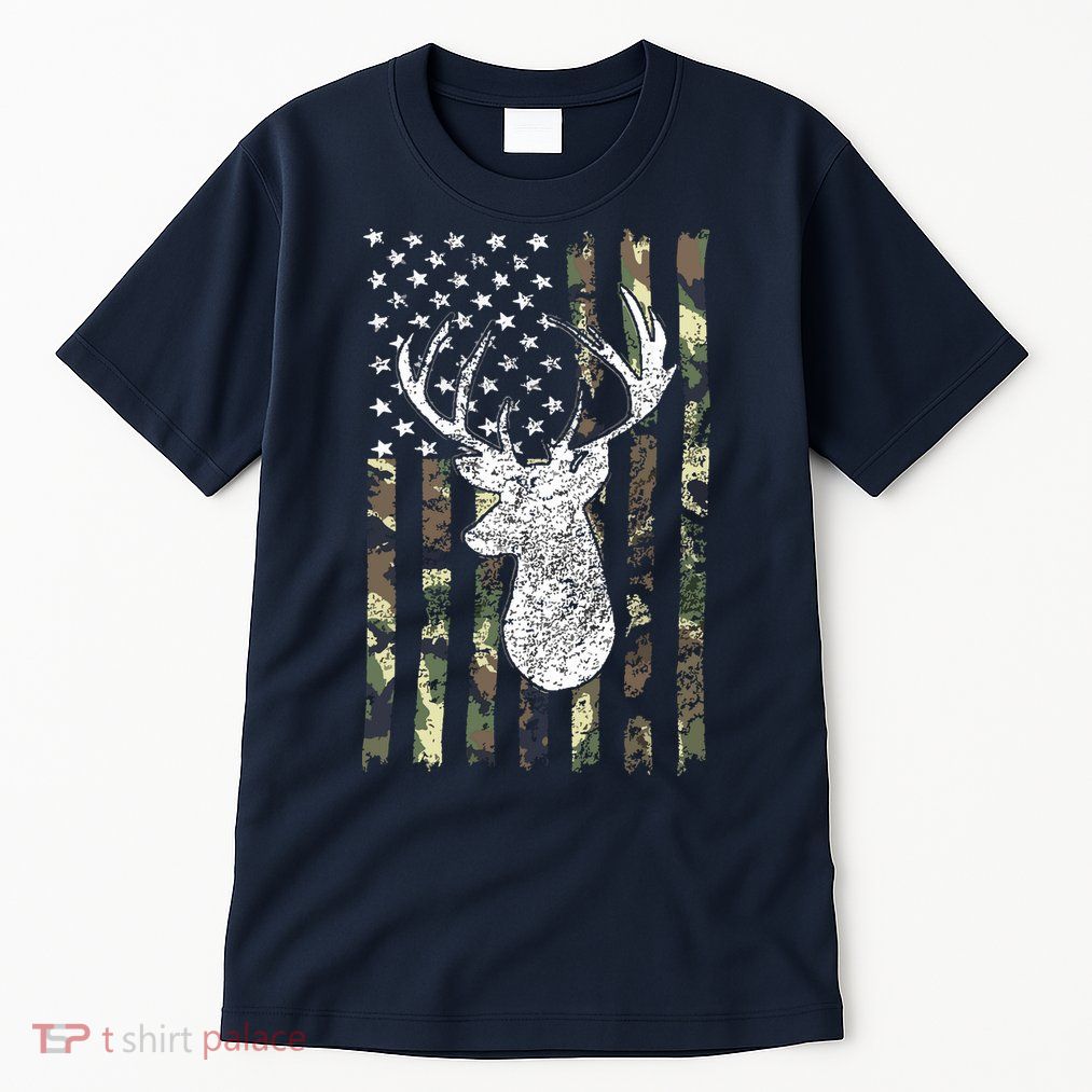 Whitetail Buck Deer Hunting American Camouflage USA Flag Tall T-Shirt