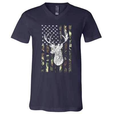 Whitetail Buck Deer Hunting American Camouflage USA Flag V-Neck T-Shirt