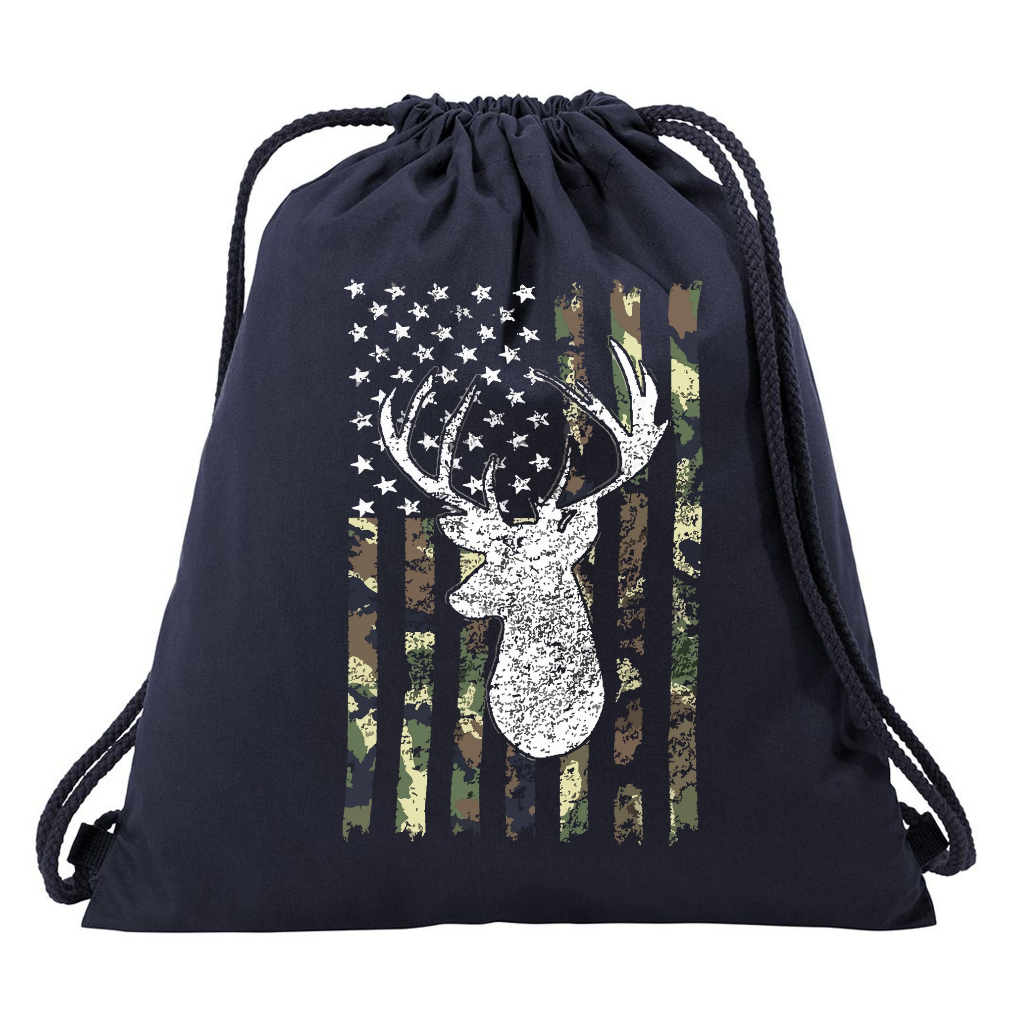 Whitetail Buck Deer Hunting American Camouflage USA Flag Drawstring Bag