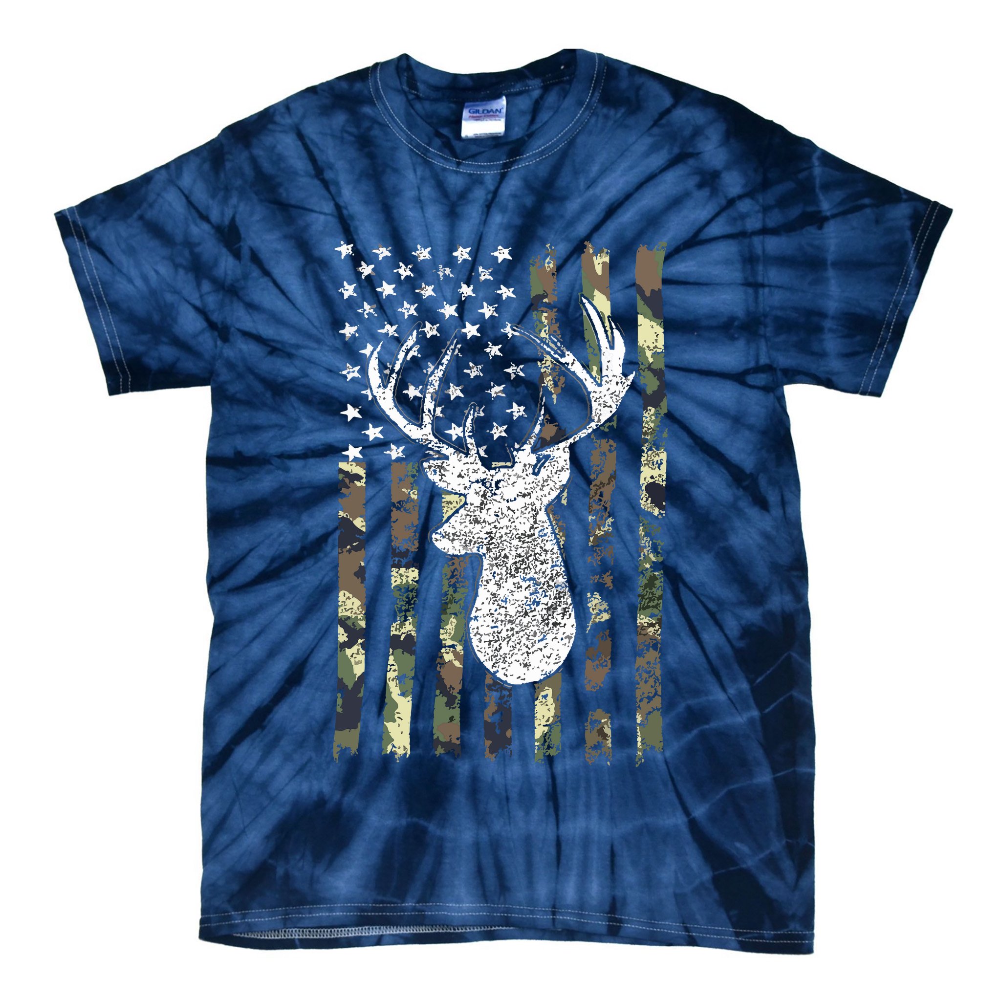 Whitetail Buck Deer Hunting American Camouflage USA Flag Tie-Dye T-Shirt