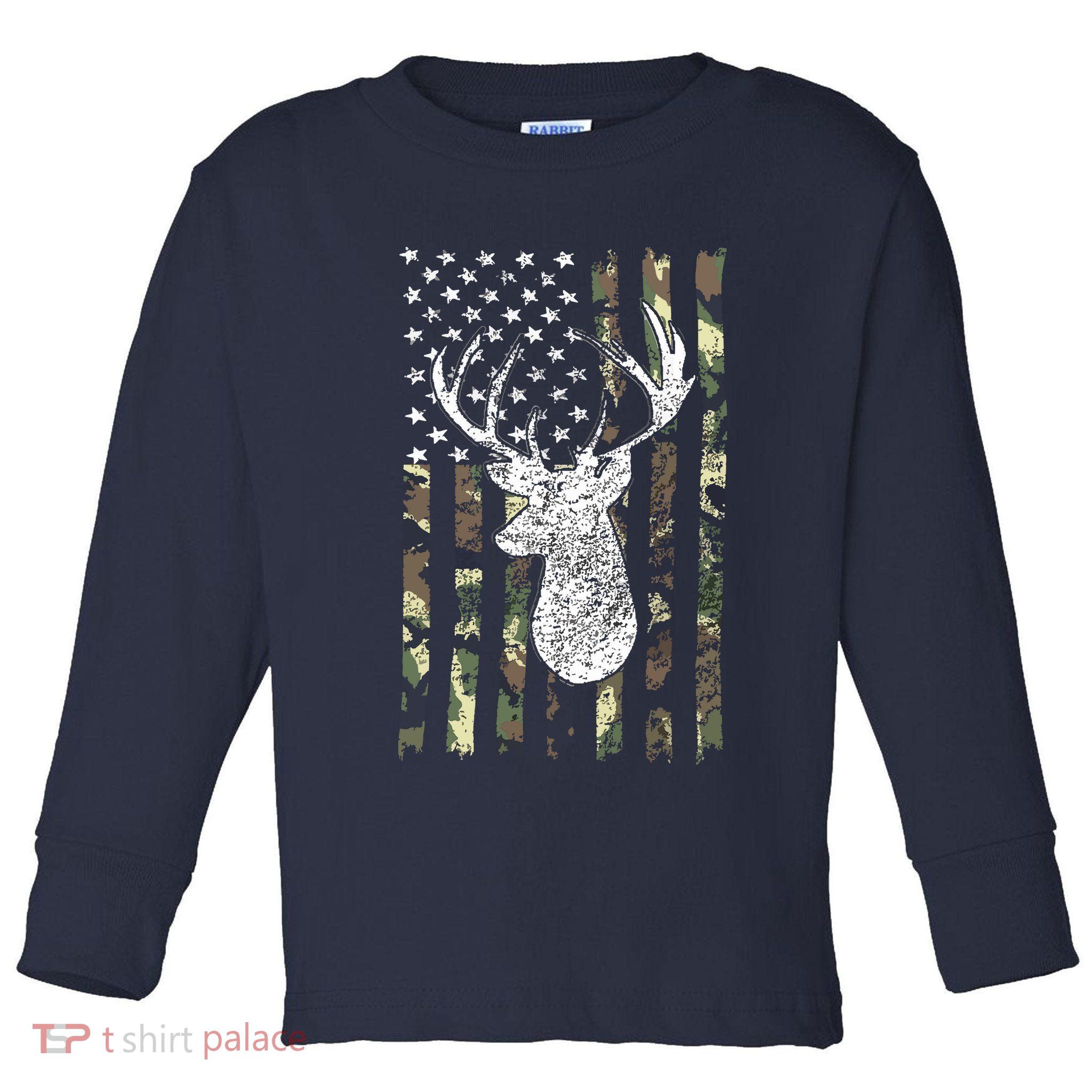 Whitetail Buck Deer Hunting American Camouflage USA Flag Toddler Long Sleeve Shirt