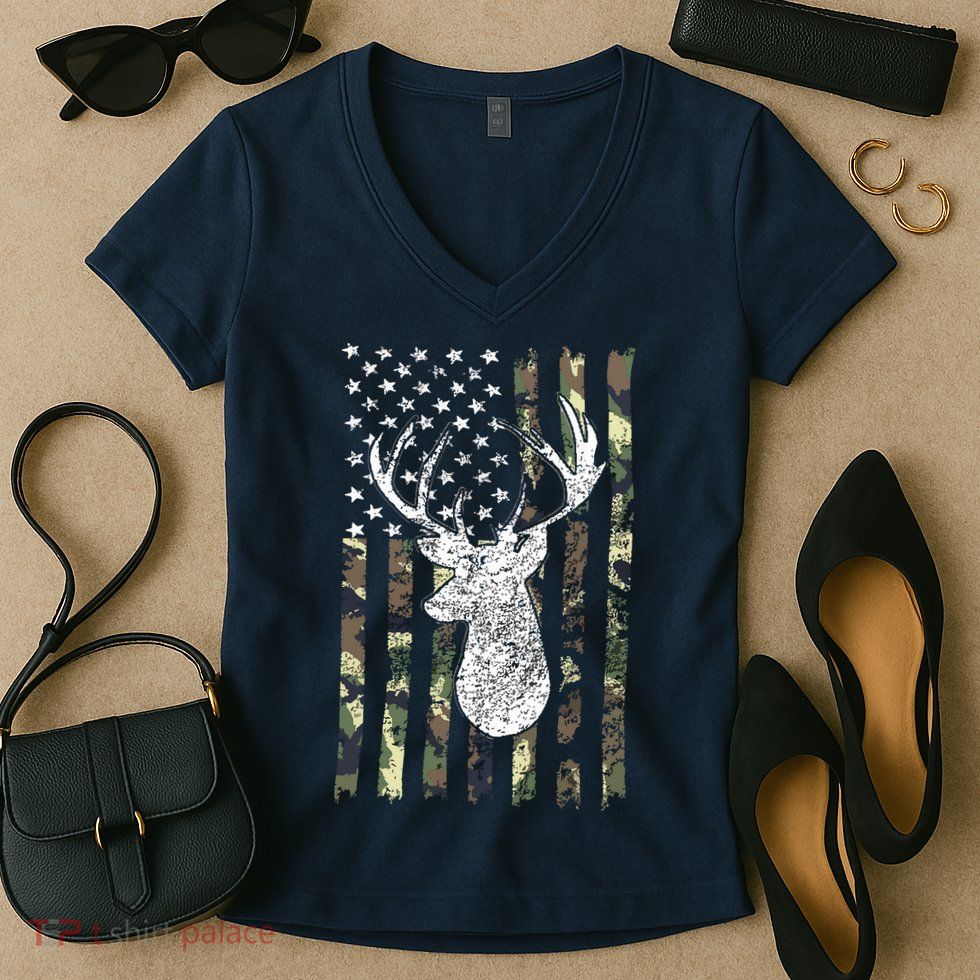 Whitetail Buck Deer Hunting American Camouflage USA Flag Women's V-Neck T-Shirt