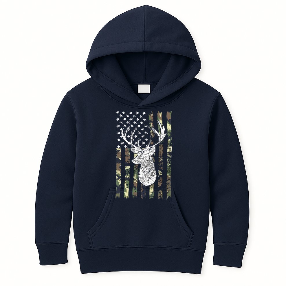 Whitetail Buck Deer Hunting American Camouflage USA Flag Kids Hoodie