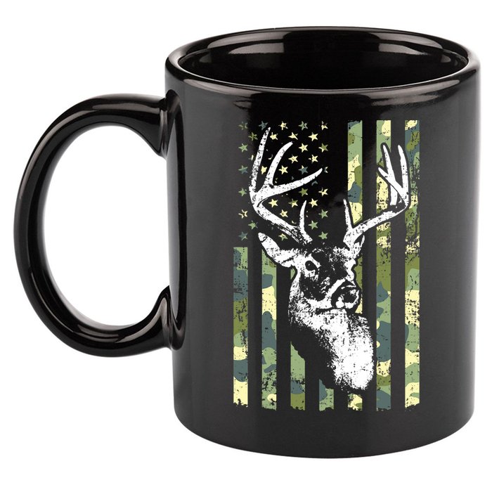 Whitetail Buck Deer Hunting USA Camouflage American Flag 11oz C Handle Ceramic Mug