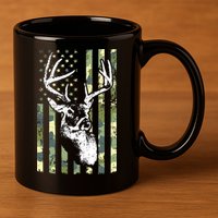 Whitetail Buck Deer Hunting USA Camouflage American Flag 11oz C Handle Ceramic Mug