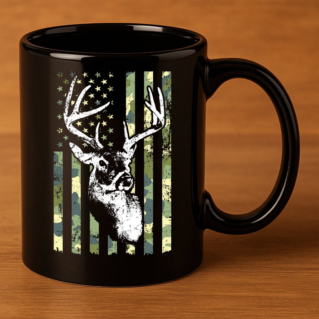 Whitetail Buck Deer Hunting USA Camouflage American Flag 11oz C Handle Ceramic Mug