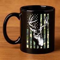 Whitetail Buck Deer Hunting USA Camouflage American Flag 11oz C Handle Ceramic Mug